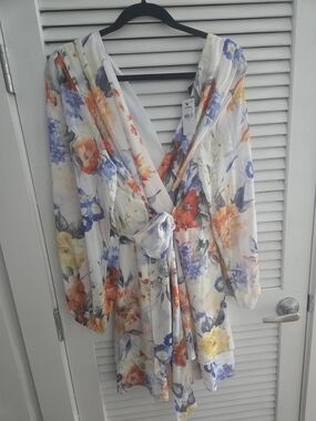 Express White Floral Wrap Romper with Blue & Orange Blooms